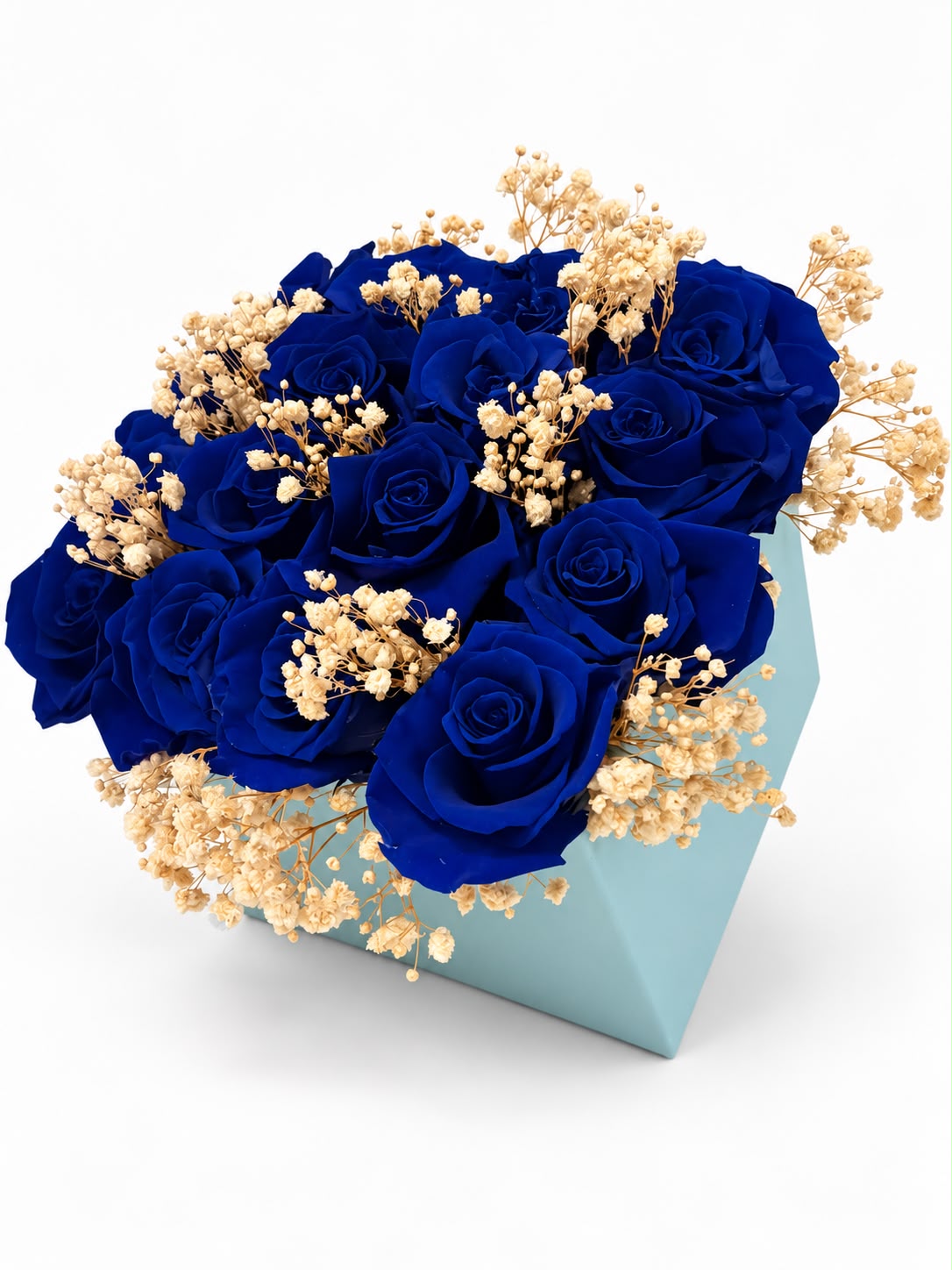 16 Dark Blue Roses in Light Blue Velvet Box