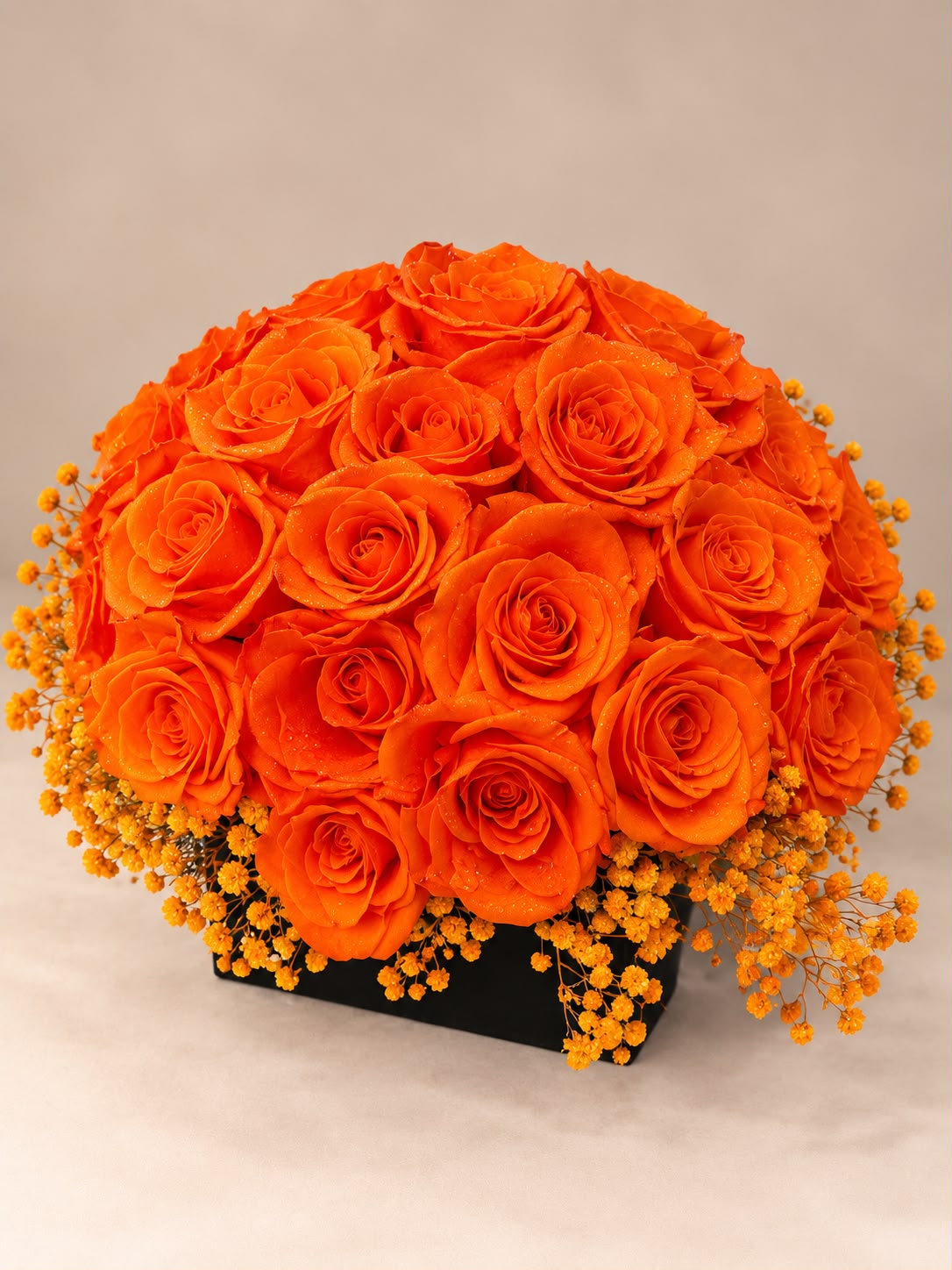 50 Orange Glittery Roses In A Black Velvet Box